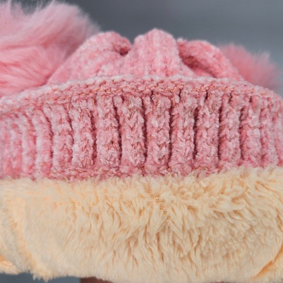 Pink Kids Teddy Bear Sherpa Lined Soft Knit Pom Pom Beanie *Warm Winter Hat - Picture 6 of 7
